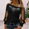 Blouses des femmes M-5xl Femmes Top See-Through Mesh Patchwork Squin Sequin Collier diagonal Col à manches longues Modèle de fleurs PLUS FLOR