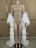 Sahne Giyim Seksi Lüks Köpüklü Rhinestone Elbise Şeffaf Mesh Uzun Kollu Eldivenler Bodysuit Party Club Dans Performansı
