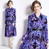 Designer Floral Party Purple Midi Dress Woman Long Sleeve Lapel Button Slim High Waist Vacation Ruched Dressess 2024 Spring Fall Elegant Fit Runway Fashion Ballgown