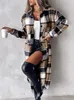 Trench Coats Trench Coats All-Match Cardigan Femmes Coréen Fashion Plaid Imprimé de poche boutonnée Cabine Longline Mabine