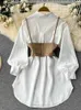 Robe de deux pièces Singreiny Senior Fashion irrégulière Two Pieces Cost Long Slet White Shirt Robe + Love Belt Short Camisole Femmes Automne Set L231225