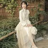 Ethnic Clothing Autumn Chinese Style Beige Stand Collar Irregular Lace Splicing Long Sleeved Tang Suit Top Skirt Women Elegant Party Dress