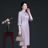 Ethnic Clothing Plus Size 4XL Female Satin Qipao Traditional Chinese Embroidered Flower Chongsam Dress Retro Elegant Purple Half Sleeve