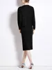 Arbetsklänningar Korea mode stickat set kvinnors 2-stycken elegant vintage svart långärmad kofta tröja stickning knälängd kjol