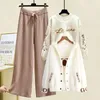 Winter women s warm three piece set lamb wool sweater imitation mink fur coat knitted straight leg wide pants 231225