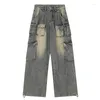 Men's Jeans Y2K Design Sense High Street American Retro Tooling Waist Straight Wide-leg Pants Loose Trend Brand Mopping