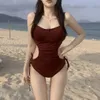 Zestaw bikini seksowny jednoczęściowy strój kąpielowy dla kobiet solidny kolor Slim Fit Backless Pasek kantar Słodki sznurka