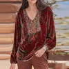 Blouses pour femmes Blouse Vintage V couche à manches longues à manchette élastique Streetwear Spring Automne Velvet T-shirt T-shirt T-shirt