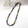 Choker Lii Ji 10mm/12mm Tiger's Eye Pyrite Black Agate Multi Stone Stainless Steel Necklace 52cm Trendy For Male