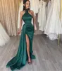 Elegant Long Green Beaded Satin Strapless Evening Dresses With Slit Mermaid Halter Pleated Sweep Train Prom Dress Party Dresses for Women