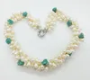 Tour de cou 3 brins Natural Baroque White Pearls Green Turkish Stone Flowers Très classique Collier 18 "