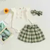 Clothing Sets Infant Baby Girl Fall Jumpsuit Set Solid Color Ruffled Long Sleeve Romper + Plaid A-line Skirt + Headband 0-24M