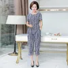 Women's Trench Coats Middle Aged And Elderly Summer Two-piece Set Grandma's Ice Silk Printed Short Sleeved Top Capris Mom's Large Size