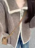 Kvinnors stickor Koreanska preppy Casual All Match Coat Vintage Patchwork Kontrast Färg Stickad Tröja Double dragkedja Stäng av kragen Y2K