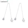 Dangle & Chandelier LUOTEEMI Brand Trendy Drop Earrings Double Side Shining CZ With Simulated Pearl Jewelry Ear Wire Long Chain Br232V