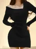 Deeptown Stil Mini Örme Tekil Elbise Kadınlar Coquette Seksi Uzun Kollu Tunik Kabare Elbiseleri Haki Kış Giysileri 231225