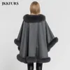 Jackets Women's Cashmere Throw Poncho Genuine Fox Fur Collar Trim & Cape Wool Fashion Style Jacket Autumn Winter Warm Coat S7356