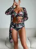 Conjunto de biquínis verão conjunto de biquíni feminino floral impresso cintura alta maiô manga longa cobrir impressão três peças maiô feminino swimwearl231225