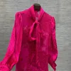 女性用ブラウス高品質のシルク2024春の女性パフスリーブフローラルジャックシャツ弓襟ローズレッドブラック