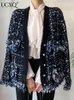 UCXQ Vintage glands bavures Patchwork couleur contrastée col en v simple boutonnage Tweed veste automne décontracté manteau ample 23A2383 231225
