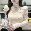 Camas femininas Turtleneck elegante dobra dobra os babados oco para a blusa de renda feminino roupas 2023 Pulloves casuais casuais de outono coreano coreano