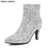 Prata lantejoulas bling design botas para mulheres salto cônico moda na moda cristais cowboy botas glitter apontou sapatos mulher 231225