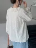 Frauenblusen 3D -Blatt gesticktes Baumwollhemd Schnürpuppenhals Pullover Langarm locker