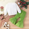 Conjuntos de roupas da criança menina outono roupas chapéu de papai noel carta impressão tripulação pescoço camisolas calças flare verde 2 pçs conjunto de roupas de natal