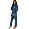 2024 Designer denim Jumpsuits Women Fall Winter Long Sleeve Rompers dragkedja Turn-Down Collar V-Neck Jeans One Piece Overall Bulk grossistkläder