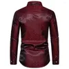 Camisas casuais masculinas Vinho Red Jacquard Silk Setin Mens Dress Dress Manga de manga longa 70 Prom Circl