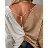 Women's Blouses Women Colorblock Backless Sexy Twisted Waffle Knit Casual Blouse Spring Summer Fashion Femme Beaded Chain Decor Top