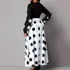 Lässige Kleider hoher Taille Maxi Kleid Rüschendekoration gegen Halspunkt Druck mit Patchwork-Schnüre-Frauen-Frauen