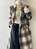 Retro ull dubbelsidig ullrock, kvinnors brittiska stil långa rutiga päls