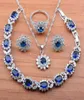 Oorbellen Ketting Zilver Kleur Sieraden Sets Bruids Bruiloft Sieraden Voor Vrouwen Blauw Zirkonia Armband En Ring JS01526798452