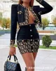 Two Piece Dress Women 2pcs Clothes Suit Short Jacket High Waist Geometric Print Long Sle Buttoned Coat Skirt Set Mini Skirt L231225