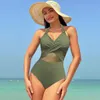 2024 New European and American jumpsuit women's solid color mesh bikini swimsuit