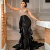 Sparkling Shine Aso Ebi Prom Dress High Neck Long Sleeves Mermaid Illusion Promdress Evening Formal Gowns for Special Occaison Black Women Outfit Engagement AM267