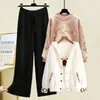 Winter women s warm three piece set lamb wool sweater imitation mink fur coat knitted straight leg wide pants 231225