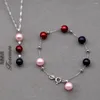 Halsbandörhängen Set Pearl and Armband smycken 6-8 mm rund Sterling Silver Red Black Pink Pearls PB695