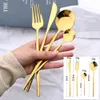 24Pcs Black Handle Golden Cutlery Set Stainless Steel Knife Fork Spoon Tableware Flatware Set Festival Kitchen Dinnerware Gift 231222