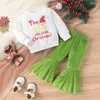 Conjuntos de roupas da criança menina outono roupas chapéu de papai noel carta impressão tripulação pescoço camisolas calças flare verde 2 pçs conjunto de roupas de natal