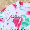 set 2Pcs Swimsuits Summer Cute Kids Girls Watermelon Letter Print Swimwear Long Sleeve Swim Top Bikini Bottoms Tankinis Set Swimsuit