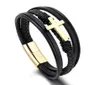 Bracelets à breloques croisées multicouches en cuir noir et acier inoxydable pour hommes, nouvelle mode, cadeau 3192555