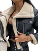 Women Faux Leather Biker Jacket with Faux Fur Trimmed Collar Vintage Moto Coat Warm Winter Outerwear 231222