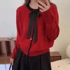 Damen Strick Hsa Schnürbogen Strick Sweater Top Korean Mode Herbst Y2K Rotes Jahr Tops Lose weiche Waxy Jacke Trendy Trendy