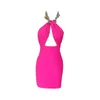 Vestidos casuais verão brilhante diamante halter pescoço oco out festa bodycon bandage vestido mulheres fora do ombro mini backless split vestido