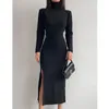 Casual Kleider Sexy Slim Fit Feste Split Strickkleid Frau Mode Winter Langarm Pullover Frauen Elegante Büro-dame Roben 30177