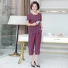 Women's Trench Coats Middle Aged And Elderly Summer Two-piece Set Grandma's Ice Silk Printed Short Sleeved Top Capris Mom's Large Size