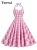 Vestidos casuais tonval rosa gingham algodão pinup robe mulheres ruched cintura alta backless rockabilly festa balanço vestido roupas vintage