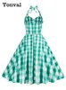 Vestidos casuais tonval rosa gingham algodão pinup robe mulheres ruched cintura alta backless rockabilly festa balanço vestido roupas vintage